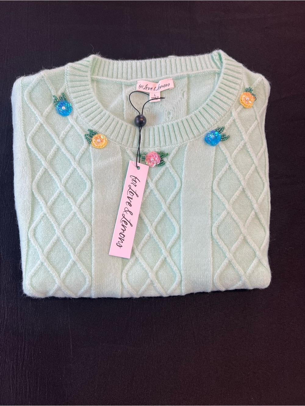For Love & Lemons Sutton Mint Diamond Knit Sweater Cropped size Large NWT